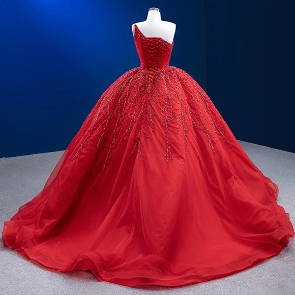 High-end Burgundy Beading Pearl Sequins Prom Dresses 2023 Ball Gown One-Shoulder Sleeveless Backless Court Train Prom Formal Dresses