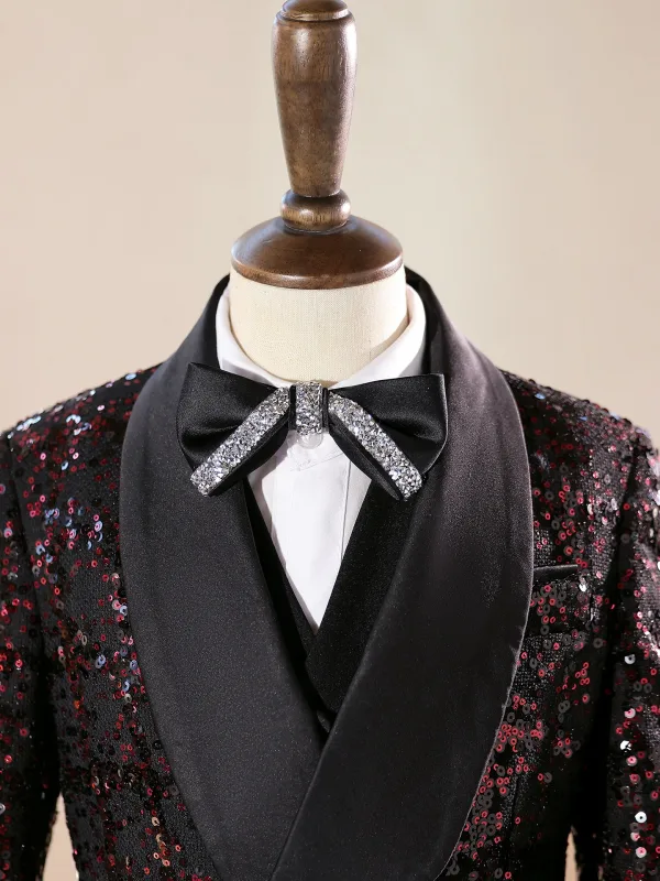 Scintillantes Bordeaux Paillettes Manches Longues 5 pièces Costume Garçon Mariage 2025 Manteau Pantalon Chemise Cravate Gilet