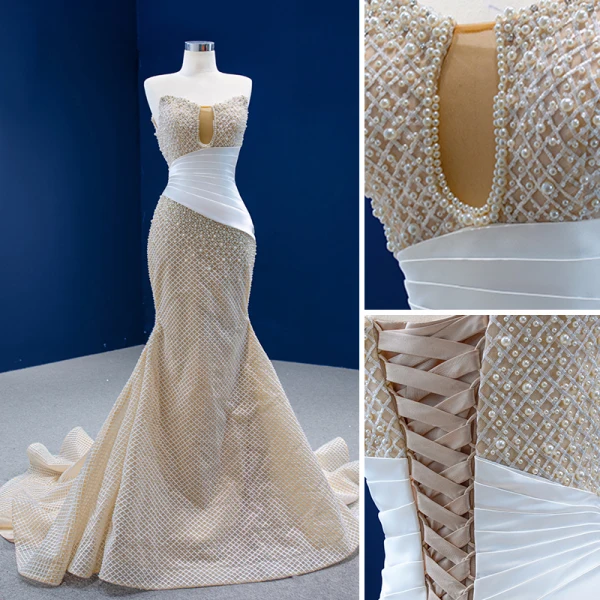 Luxury / Gorgeous Champagne Handmade  Pearl Lace Rhinestone Wedding Dresses 2022 Trumpet / Mermaid Strapless Sleeveless Backless Court Train Wedding
