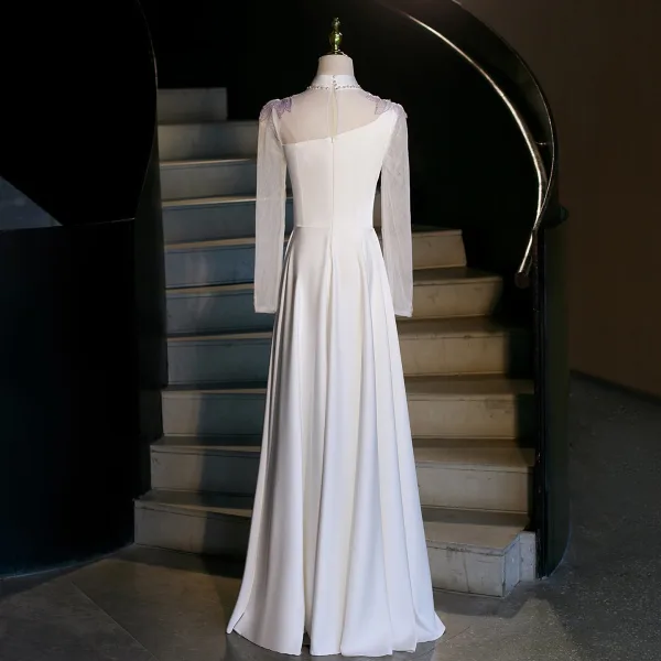 Vintage / Retro Ethnic White Beading Pearl Rhinestone Sequins Prom Dresses 2026 A-Line / Princess High Neck Long Sleeve Floor-Length / Long Formal Dresses