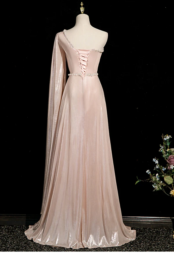 Chic / Beautiful Blushing Pink Pearl Rhinestone Prom Dresses 2024 A-Line / Princess One-Shoulder Sleeveless Backless Floor-Length / Long Prom Formal Dresses