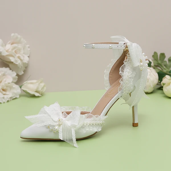 Fashion Sage Green Pearl Bow Prom Womens Sandals 2024 Ankle Strap 9 cm Stiletto Heels Pointed Toe Womens Shoes High Heels