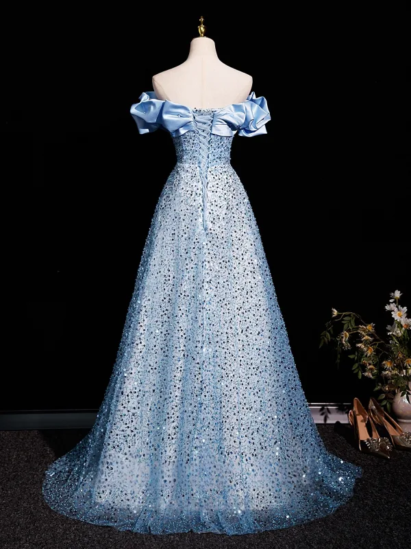 Glitzernden Himmelblau Perlenstickerei Perle Pailletten Ballkleider 2025 A Linie Off Shoulder Kurze Ärmel Rückenfreies Sweep / Pinsel Zug Ball Festliche Kleider