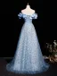 Glitzernden Himmelblau Perlenstickerei Perle Pailletten Ballkleider 2025 A Linie Off Shoulder Kurze Ärmel Rückenfreies Sweep / Pinsel Zug Ball Festliche Kleider