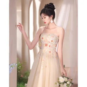 Chic Beautiful Champagne Beading Sequins Flower Prom Dresses 2024 A Line Princess Strapless Sleeveless Backless Floor Length Long Prom Formal Dresses