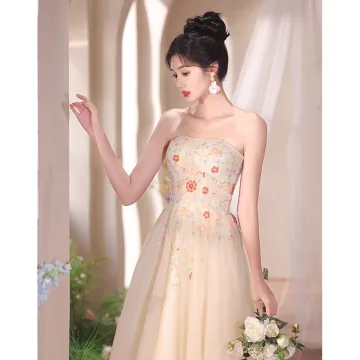 Chic Beautiful Champagne Beading Sequins Flower Prom Dresses 2024 A Line Princess Strapless Sleeveless Backless Floor Length Long Prom Formal Dresses