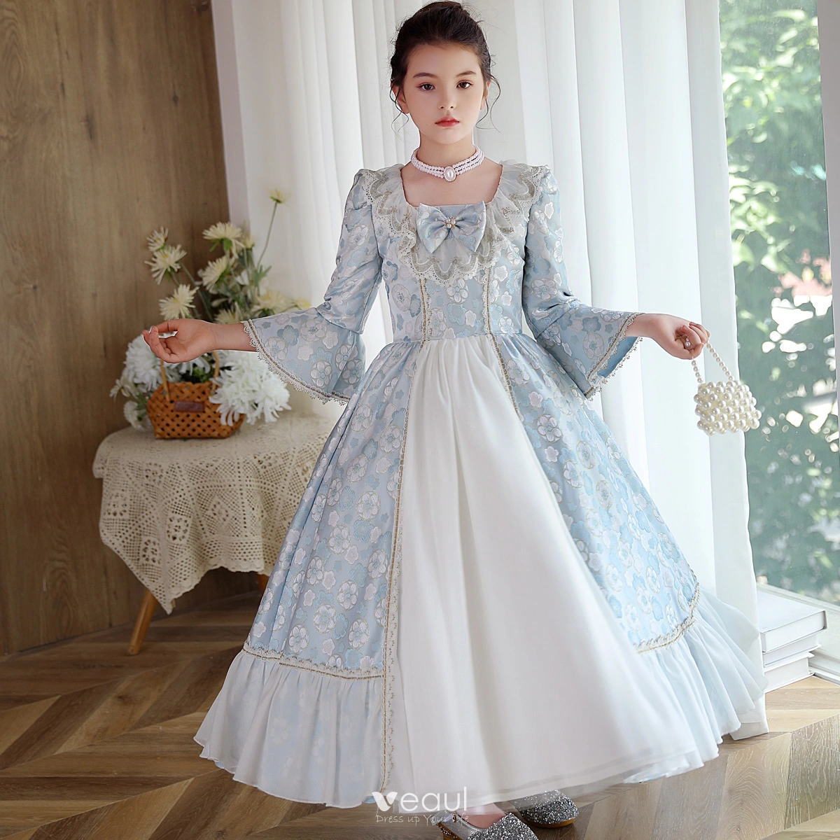 Medieval Sky Blue Printing Birthday Flower Girl Dresses 2023 A Line Princess Scoop Neck Pearl Bow Bell sleeves Floor Length Long Flower Girl Dresses