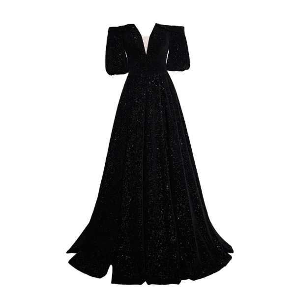 Audrey Hepburn Style Black Sequins Velvet Evening Dresses 2023 Off-The-Shoulder A-Line / Princess Short Sleeve Backless Floor-Length / Long Evening Party Formal Dresses