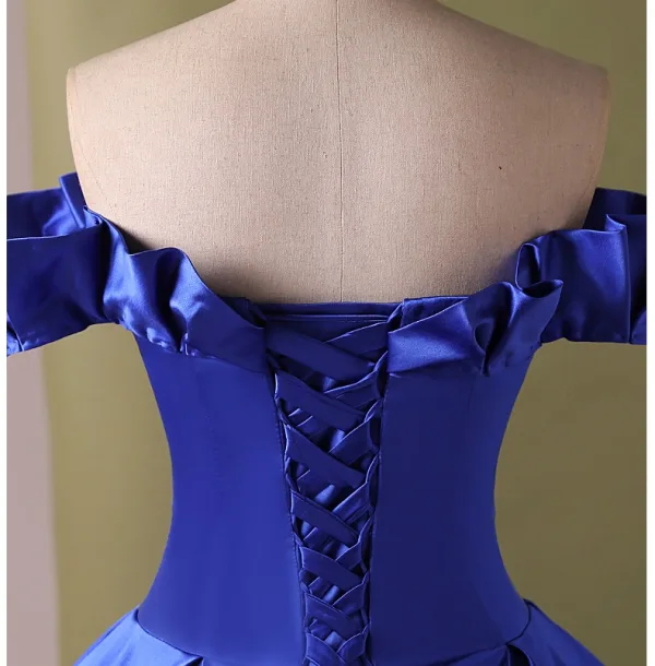 Vintage / Retro Royal Blue Satin Prom Dresses 2024 Ball Gown Off-The-Shoulder Sleeveless Backless Floor-Length / Long Prom Formal Dresses