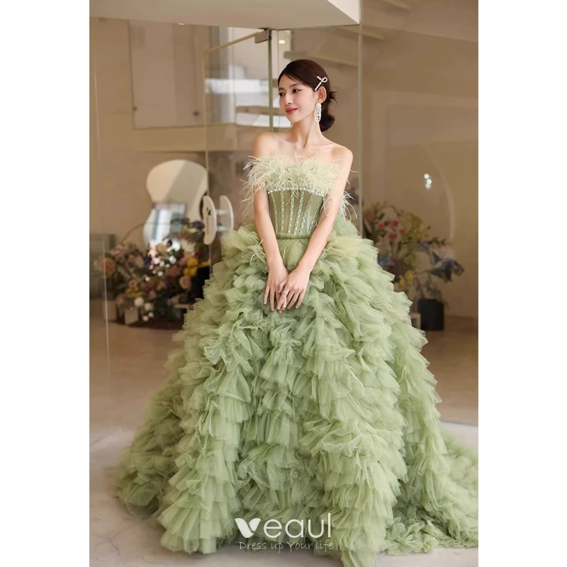 Charming Sage Green Cascading Ruffles Evening Dresses 2023 Ball