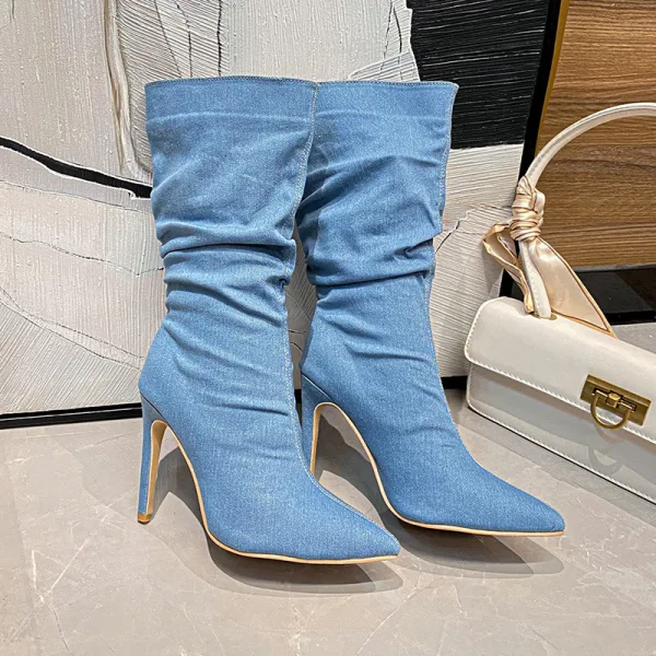Mode Bleu Ciel Tomber Hiver Vêtement de rue Bottes Femme 2023 11 cm Talons Aiguilles À Bout Pointu Bottes