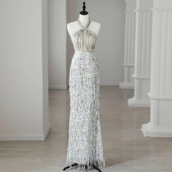 Sparkly White Beading Sequins Tassel Evening Dresses 2024 Trumpet Mermaid Halter Sleeveless Backless Floor Length Long Evening Party Formal Dresses
