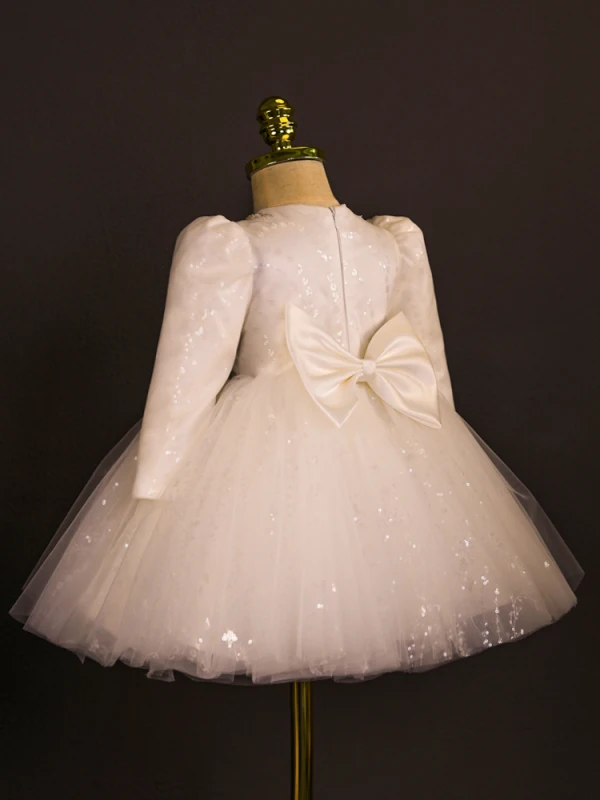 Bling Bling White Beading Sequins Bow Short Birthday Flower Girl Dresses 2024 Ball Gown Scoop Neck Long Sleeve