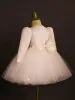 Bling Bling White Beading Sequins Bow Short Birthday Flower Girl Dresses 2024 Ball Gown Scoop Neck Long Sleeve