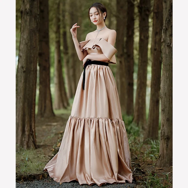 Elegant Beige Satin Prom Dresses 2022 A-Line / Princess Off-The-Shoulder Sleeveless Backless Bow Sash Floor-Length / Long Formal Dresses