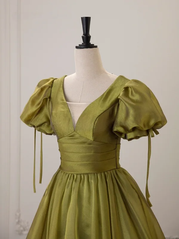 Chic / Belle Vert Cendré Robe De Bal 2025 Princesse V-Cou Gonflée Manches Courtes Dos Nu Longue Robe De Ceremonie