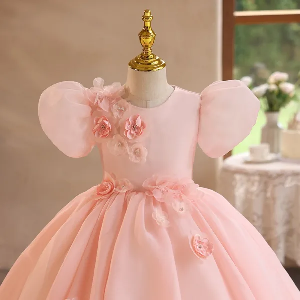 Elegant Blushing Pink Appliques Birthday Flower Girl Dresses 2024 Ball Gown Scoop Neck Puffy Short Sleeve Backless Floor-Length / Long Flower Girl