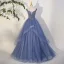 Élégant Bleu Ciel Perlage Paillettes Robe De Bal 2023 Robe Boule Encolure Carrée Sans Manches Dos Nu Bretelles croisées Longue Promo Robe De Ceremonie