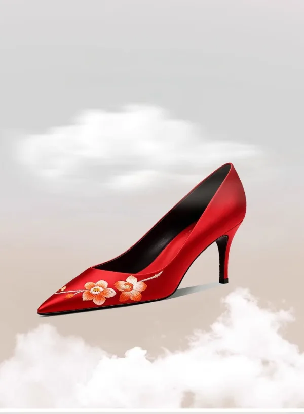 Chinese Stijl Rode Handgemaakt Geborduurde Bruidsschoenen 2026 6 cm Naaldhakken / Stiletto Spitse Neus Huwelijk Pumps