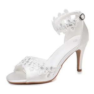 Élégant Blanche Paillettes En Dentelle Fleur Chaussure De Mariée 2026 8 Cm Talons Aiguilles Peep Toes Bout Ouvert Mariage Sandales Talons Hauts