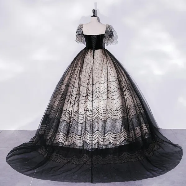 Élégant Noire Robe De Bal 2022 Robe Boule V-Cou Manches Courtes Dos Nu Longue Promo Robe De Ceremonie
