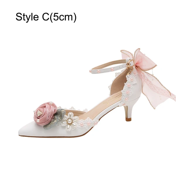 Lovely White Pearl Appliques Bow Prom Womens Sandals 2024 Ankle Strap 9 cm Stiletto Heels Pointed Toe Womens Shoes High Heels