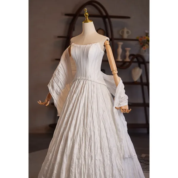 Simple Blanche Légère Robe De Mariée 2025 Princesse Encolure Dégagée Sans Manches Dos Nu Longue