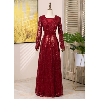 Scintillantes Bordeaux Paillettes Robe De Bal 2024 Princesse Encolure Carrée Manches Longues Longue Promo Robe De Ceremonie