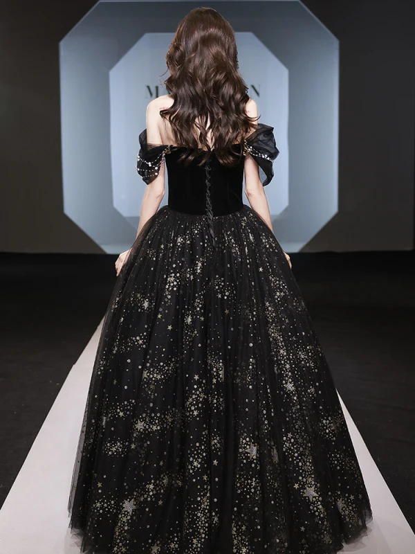 Charming Black Gold Beading Pearl Sequins Prom Dresses 2024 Ball Gown Off-The-Shoulder Short Sleeve Backless Floor-Length / Long Prom Formal Dresses
