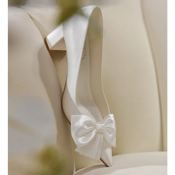 Elegant White Leather Bow Wedding Shoes 2023 Wedding 5 cm Stiletto Heels Pointed Toe Wedding Shoes High Heels