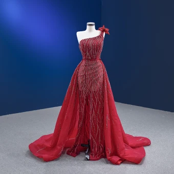 Haut De Gamme Bordeaux Perlage Robe De Soirée 2023 Trompette Sirène Une Épaule Sans Manches Dos Nu Fendue Devant Tribunal Train Soirée Robe De Ceremonie