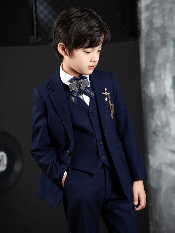 Modern / Fashion Navy Blue Long Sleeve Boys Wedding Suits 2023 6-piece Body Jewellery Coat Pants Shirt Tie Vest Wedding