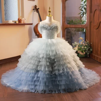 Charming Sky Blue Beading Pearl Sequins Cascading Ruffles Birthday Flower Girl Dresses 2024 Ball Gown Scoop Neck Sleeveless Backless Court Train