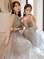 Modest / Simple Grey Lace Flower Bridesmaid Dresses 2023 A-Line / Princess Short Sleeve Backless Floor-Length / Long Bridesmaid Dresses