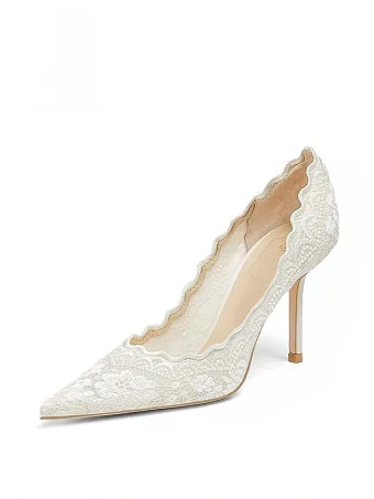 Elegant White Lace Flower Wedding Shoes 2026 Leather 8 Cm Stiletto Heels Pointed Toe Wedding Pumps High Heels