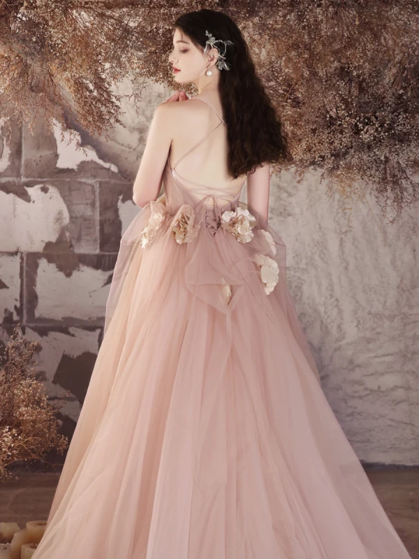 Simple Rougissant Rose Appliques Robe De Bal 2024 Princesse Bretelles Spaghetti Sans Manches Dos Nu Longue Robe De Ceremonie
