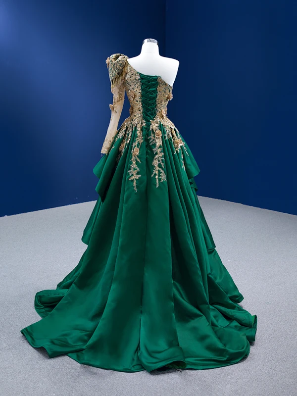 High-end Dark Green Beading Pearl Sequins Lace Flower Prom Dresses 2022 A-Line / Princess Satin One-Shoulder Long Sleeve Backless Sweep Train Prom