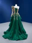 High-end Dark Green Beading Pearl Sequins Lace Flower Prom Dresses 2022 A-Line / Princess Satin One-Shoulder Long Sleeve Backless Sweep Train Prom