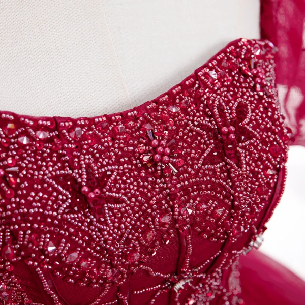 Elegant Burgundy Beading Pearl Prom Dresses 2022 Ball Gown Square Neckline Short Sleeve Backless Bow Floor-Length / Long Prom Formal Dresses