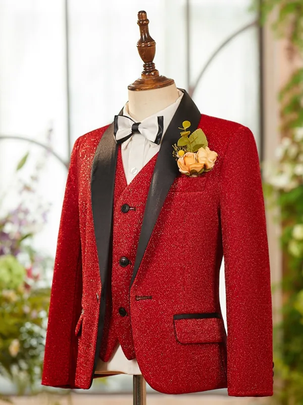 Fall Winter Red Long Sleeve Boys Wedding Suits 2025 6-piece Body Jewellery Coat Pants Shirt Tie Vest