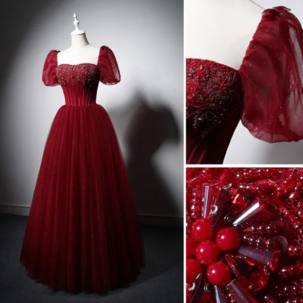Élégant Bordeaux Fait main Perlage Faux Diamant Paillettes Robe De Bal 2022 Princesse Encolure Carrée Manches Courtes Dos Nu Longue Promo Robe De Ceremonie