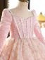 Chic / Beautiful Blushing Pink Beading Pearl Sequins Birthday Flower Girl Dresses 2024 Ball Gown Square Neckline Long Sleeve Tea-length