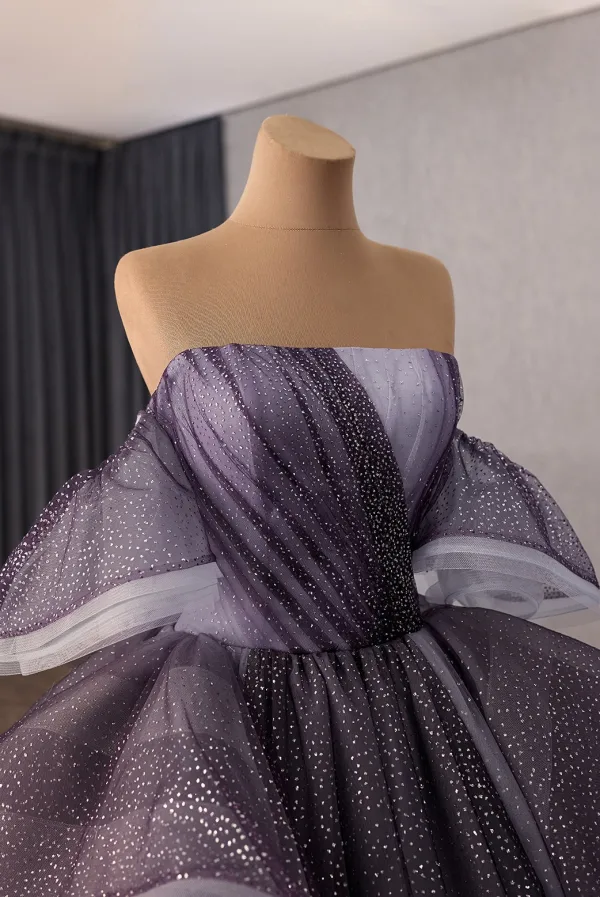 Sparkly High-end Purple Cascading Ruffles Star Sequins Prom Dresses 2026 Ball Gown Strapless Sleeveless Backless Chapel Train Formal Dresses