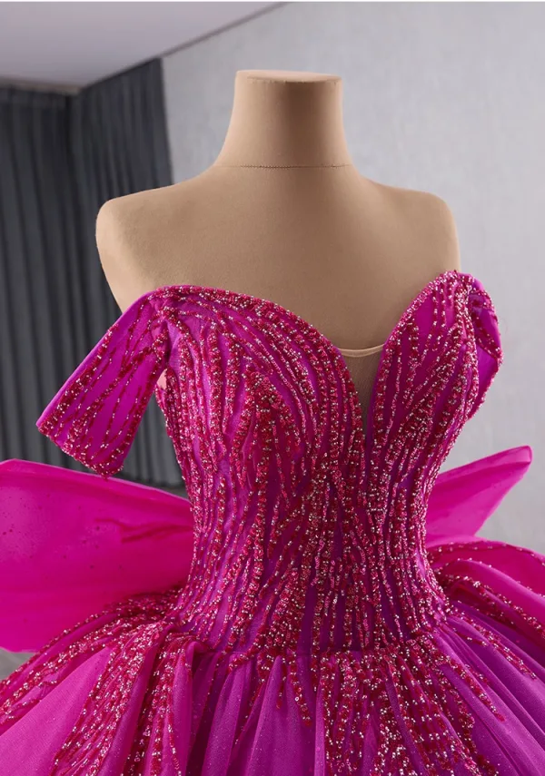 High-end Fuchsia Beading Sequins Cascading Ruffles Prom Dresses 2025 Ball Gown Off-The-Shoulder Sleeveless Backless Bow Chapel Train Prom Formal Dresses