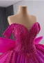 High-end Fuchsia Beading Sequins Cascading Ruffles Prom Dresses 2025 Ball Gown Off-The-Shoulder Sleeveless Backless Bow Chapel Train Prom Formal Dresses