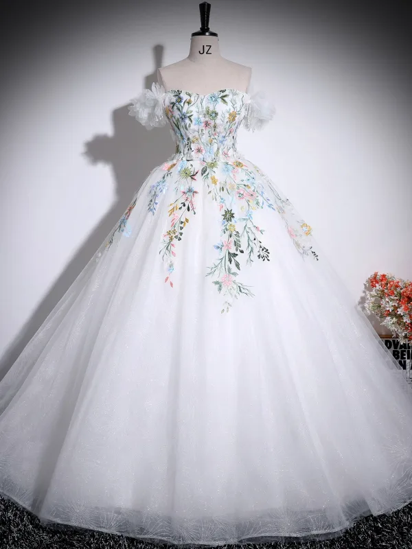 Elegant Modest / Simple White Lace Flower Appliques Prom Dresses 2025 Ball Gown Off-The-Shoulder Sleeveless Floor-Length / Long Backless Formal Dresses
