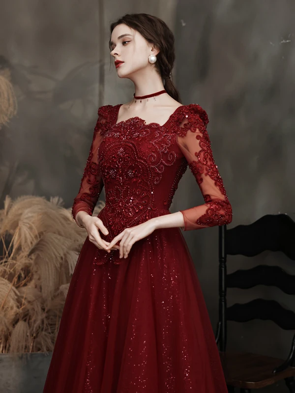 Classic Burgundy Beading Sequins Evening Dresses 2023 A-Line / Princess Square Neckline 3/4 Sleeve Backless Floor-Length / Long Evening Party Formal Dresses