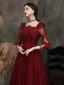 Classic Burgundy Beading Sequins Evening Dresses 2023 A-Line / Princess Square Neckline 3/4 Sleeve Backless Floor-Length / Long Evening Party Formal Dresses