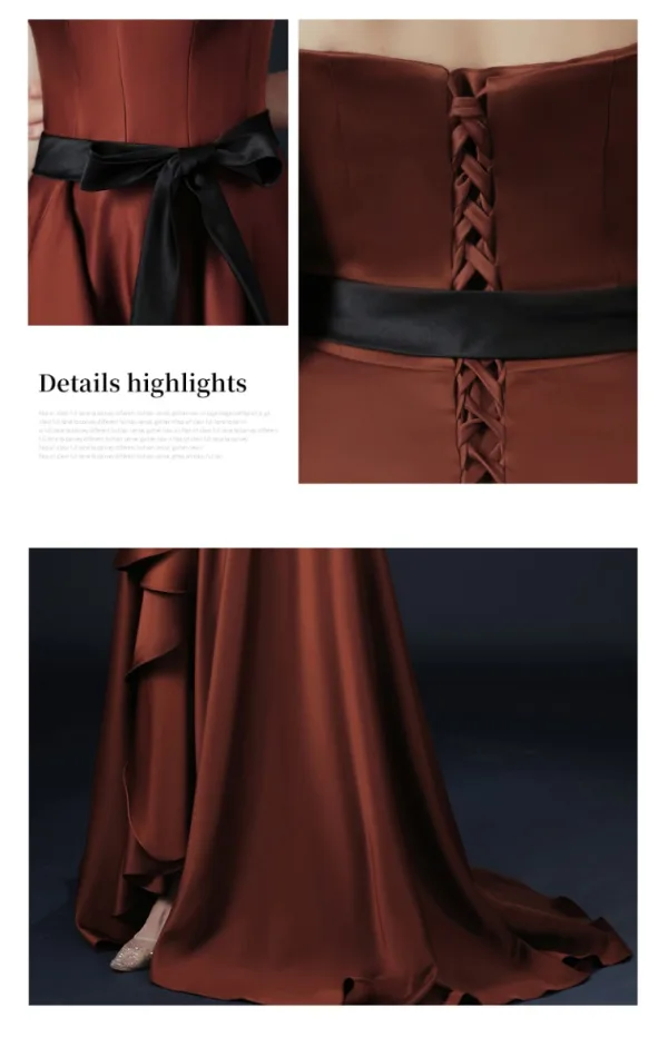 Hohes Niedriges Asymmetrisch Braun Abendkleider 2021 Gekreuzte Träger Rüschen Einfarbig Satin Bandeau Ärmellos Sweep / Pinsel Zug Festliche Kleider