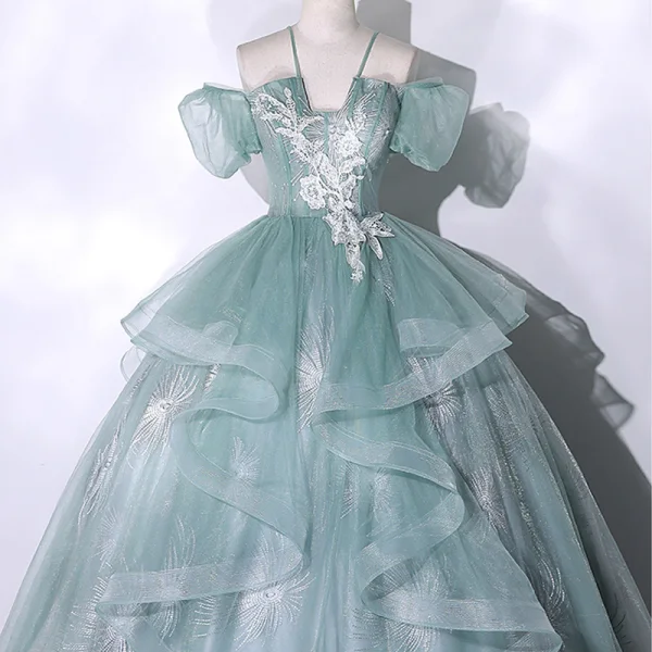 Elegant Sage Green Beading Lace Flower Cascading Ruffles Prom Dresses 2023 Ball Gown Spaghetti Straps Short Sleeve Backless Floor-Length / Long Prom Formal Dresses